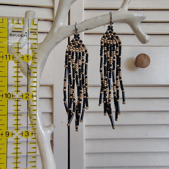 Handmade Elegant Black and Gold Beaded Fringe Earrings - Picture 3 of 3